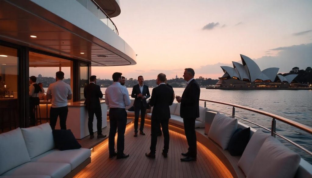 Executives networking during business meeting yacht packages in Sydney.